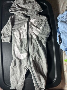 Nike Gray Hooded Baby One-Piece with White Logo
